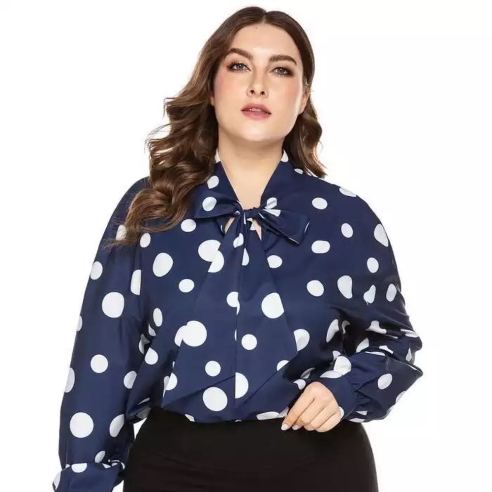 Blue/White Polka-Dot Blouse with Bow Collar - Picture 2 of 5
